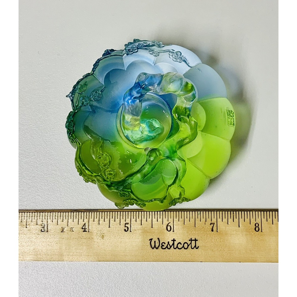 VTG '98 Liuligongfang Asian Green Blue Crystal Art Lotus Decorative Signed RARE! - Picture 3 of 12